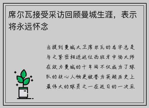 席尔瓦接受采访回顾曼城生涯，表示将永远怀念